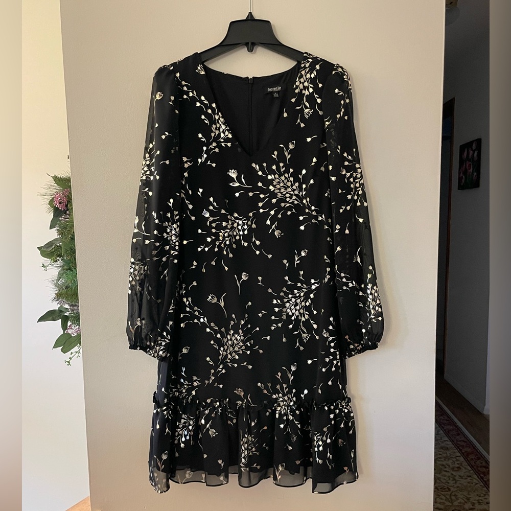 NWT Kensie black and silver printed dress, drop waist, size large
